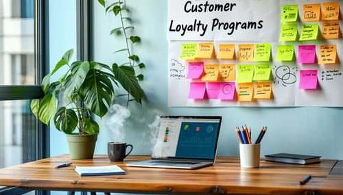 A workspace featuring a laptop analyzing customer loyalty program metrics and data. 