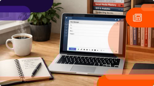 Laptop drafting a loyalty program email campaign opened with a notepad that lists 7 things to QA