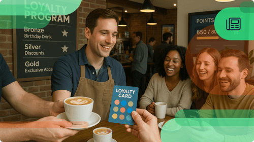 Barista hands latte to smiling customer holding loyalty card; friends laugh nearby, loyalty rewards shown on wall.