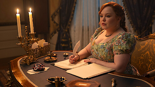 penelope writing with a feather from bridgerton