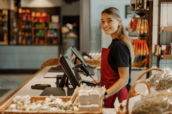 A frontline employee enrolling a customer in a loyalty program