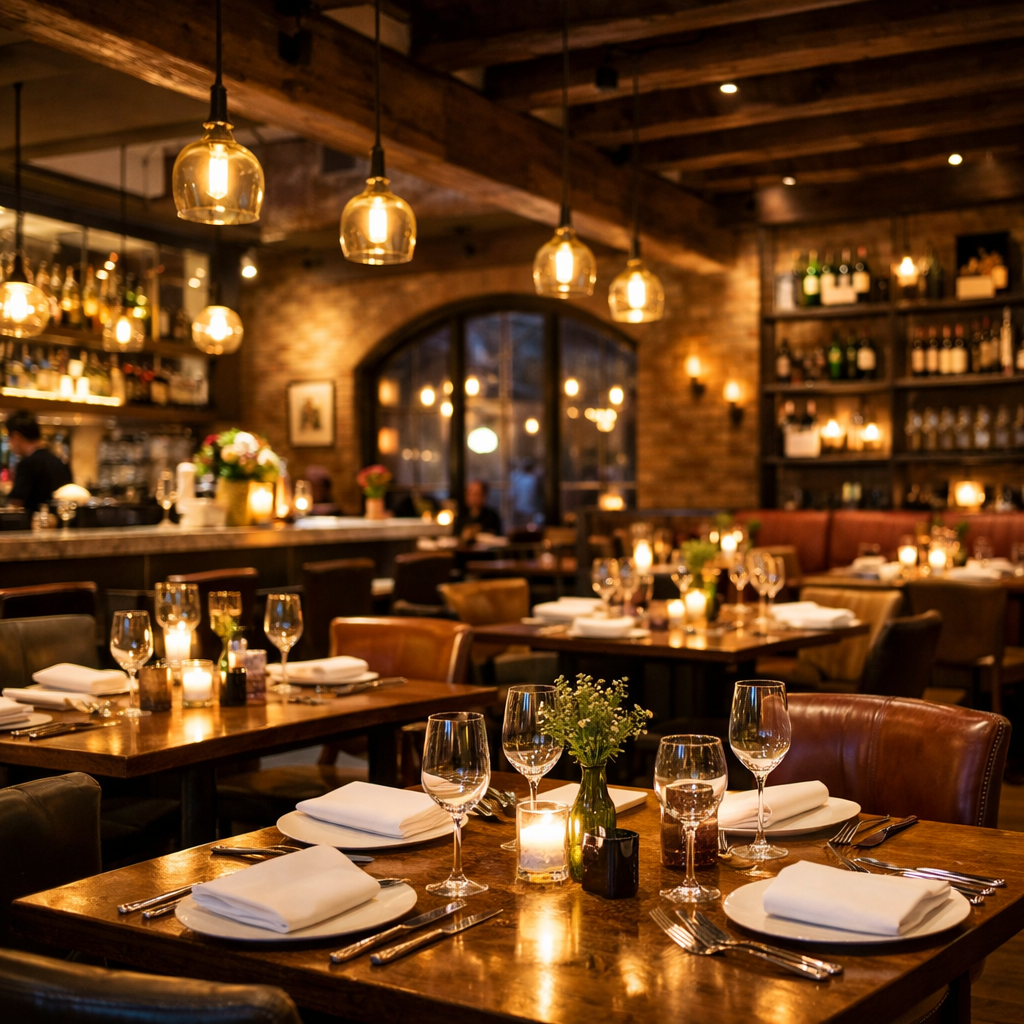 Restaurant Interior with Modern Lighting and Abstract Art