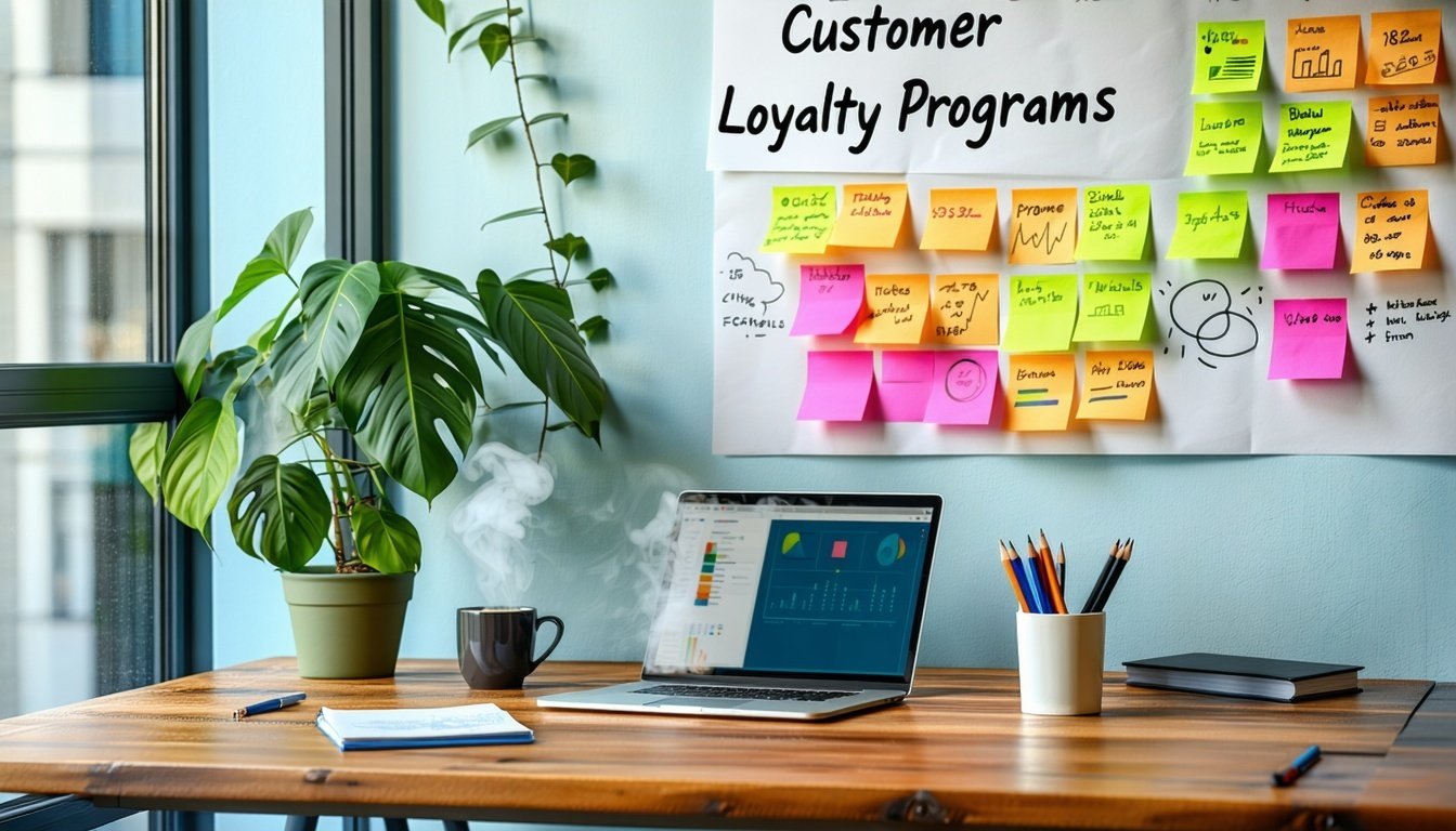 A workspace featuring a laptop analyzing customer loyalty program metrics and data. 