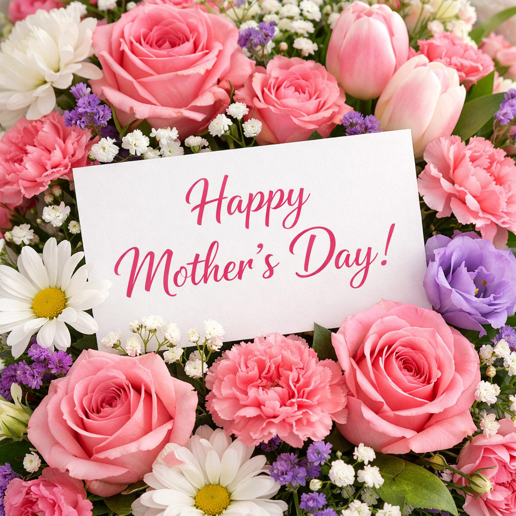 flowers with card that says Happy Mothers Day-1