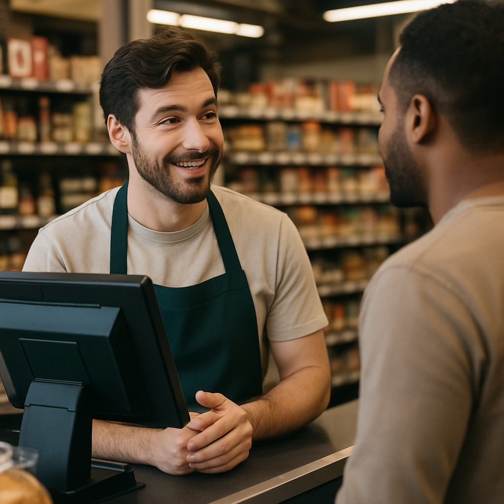photographic a cashier talking to a customer