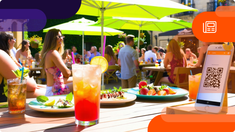 People having food and drinks on a patio in the summer using a restaurant loyalty program