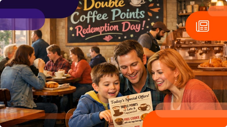 A family at a coffee shop on a bonus point redemption event using their loyalty program