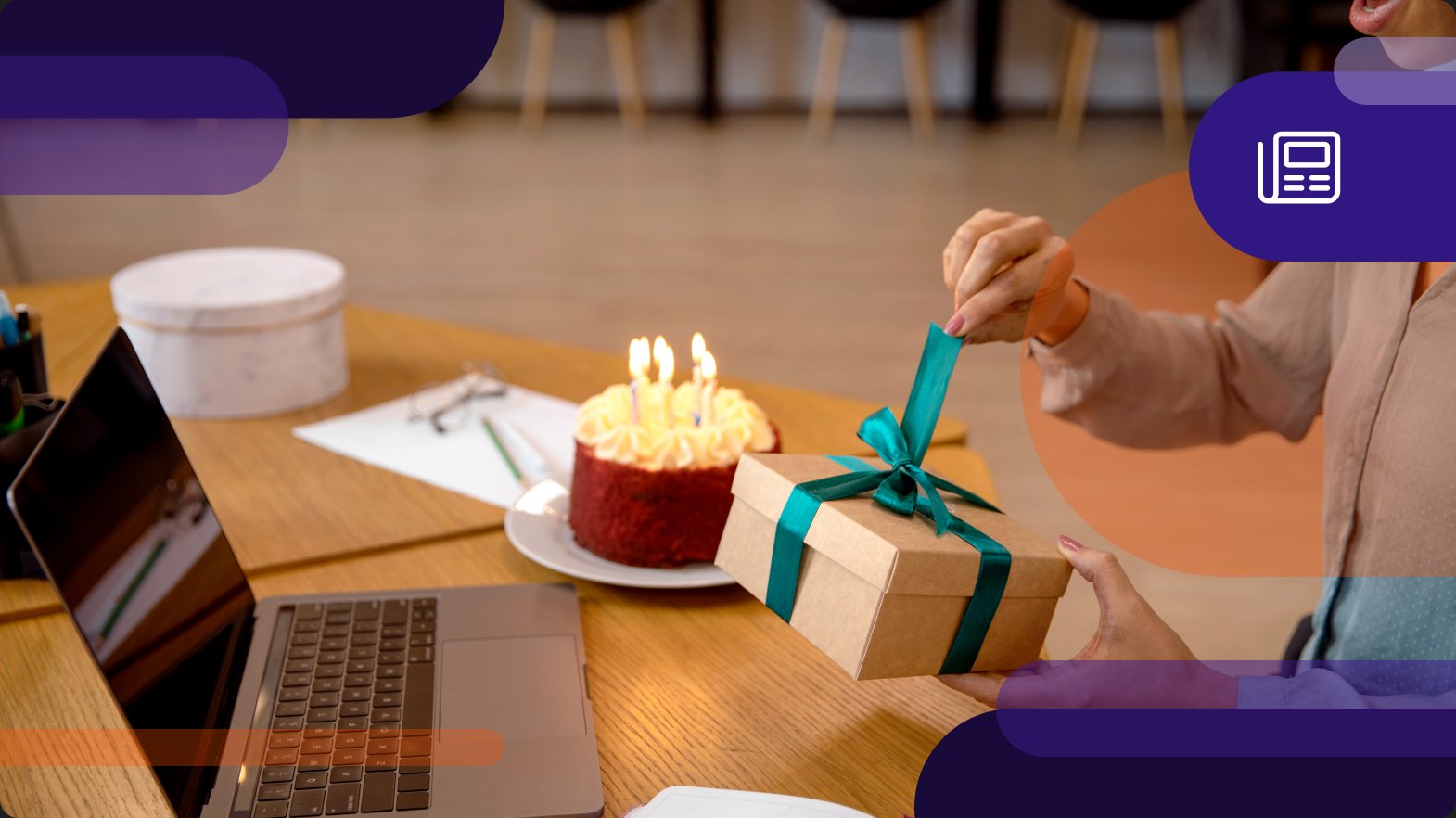 Person holding birthday gift with birthday cake on table