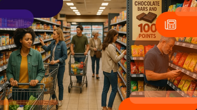 People shopping at a grocery store with a SKU-based loyalty promotion