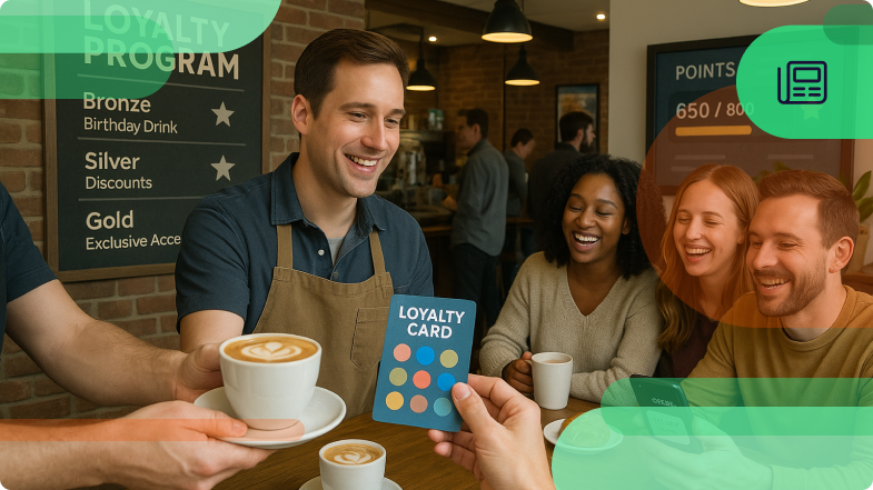 Barista hands latte to smiling customer holding loyalty card; friends laugh nearby, loyalty rewards shown on wall.